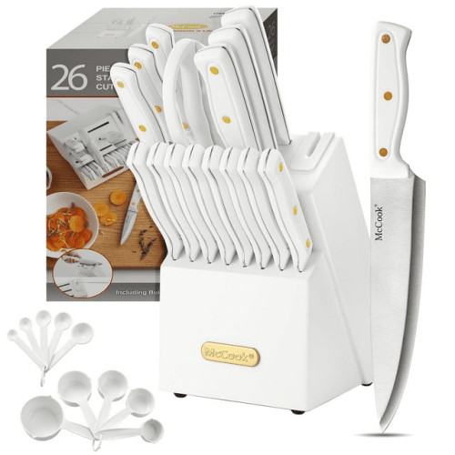 Knife set For Kitchen with Block,McCook MC703 White Kitchen Knife Sets with Built-in Sharpener,Cutlery set with Measuring Cups and Spoons For Cooking, Knife set For Kitchen with Block,McCook MC703 White Kitchen Knife Sets with Built-in Sharpener,Cutlery set with Measuring Cups and Spoons For Cooking,